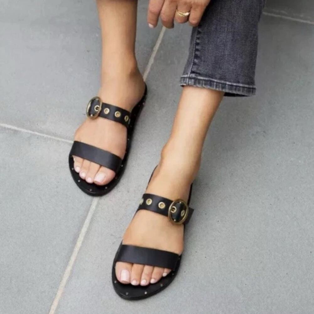 Beek MALEO LEATHER SLIP ON FLAT GOLD GROMETS BUCKLE Black :9